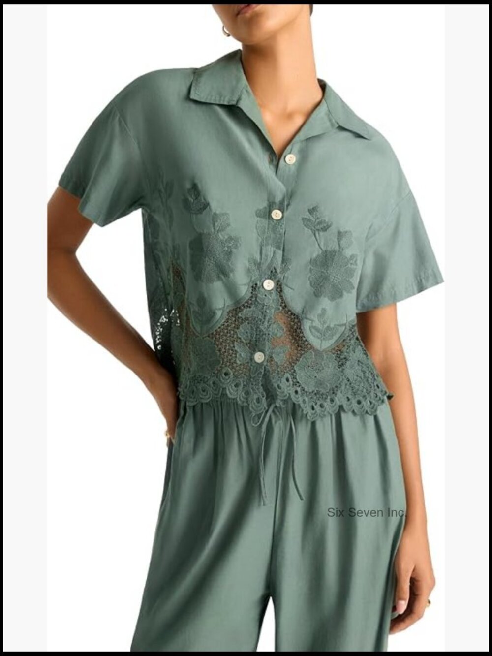 Cropped Broderie Shirt Swimsuit Cover Up With Shell Buttons